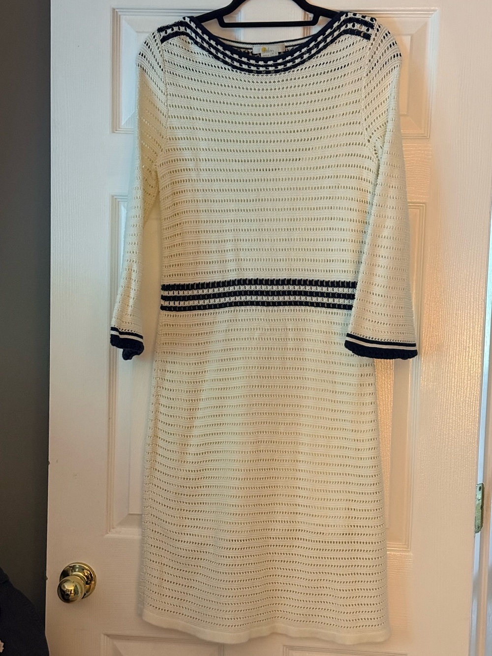 Boden Betty Ivory Cream Knit Pointelle Dress Navy Trim 3/4 Sleeve